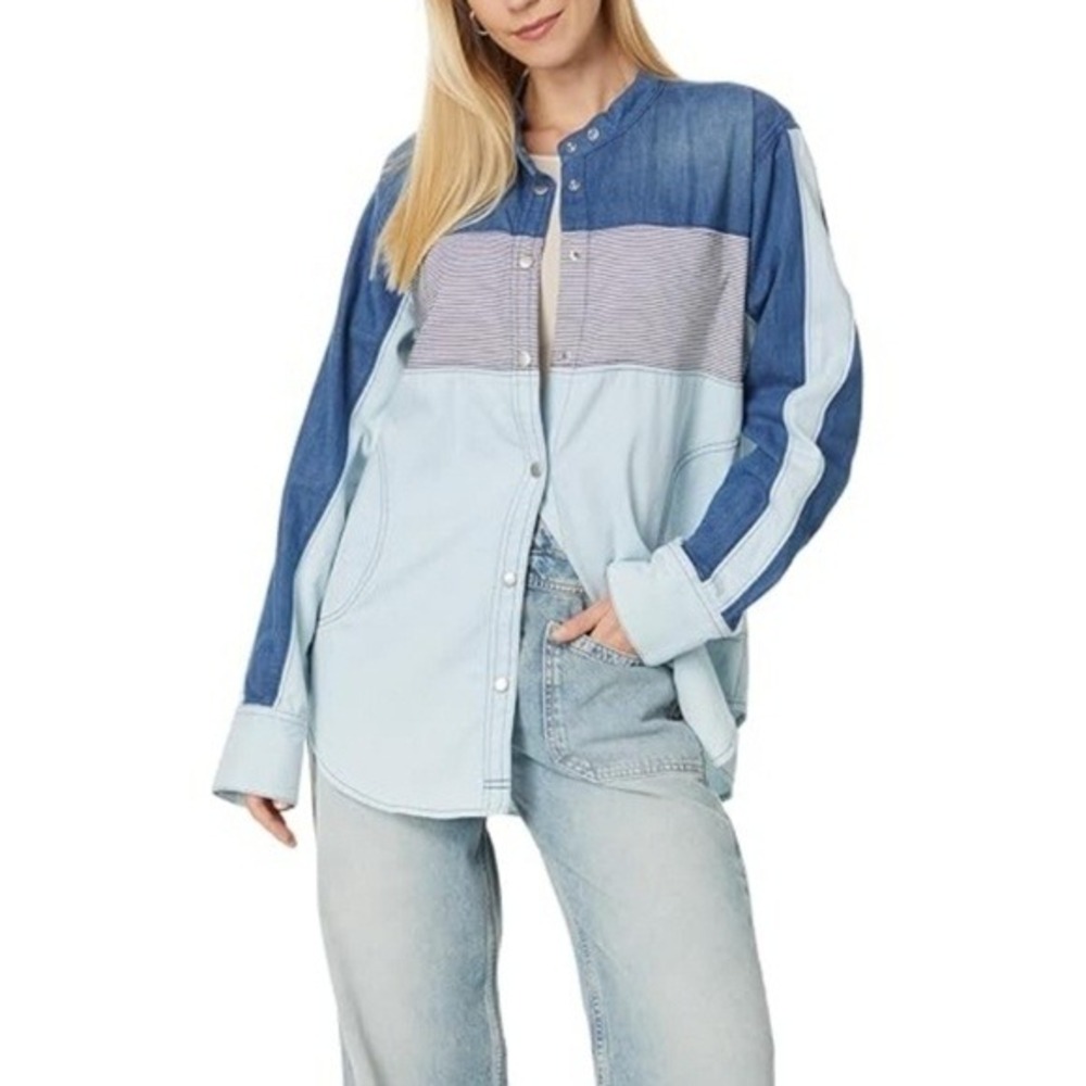 Free People Shirt Womens XL Moto Colorblock Shirt Denim Blue Combo Striped Snap